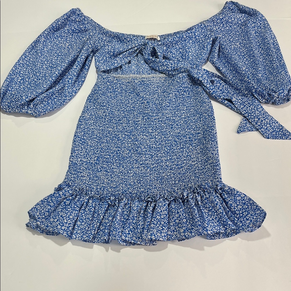 RUMOR Front-Tie Blue Floral Puff Sleeve Ruffle Hem Cut Out Dress Cottagecore